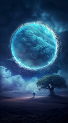 Wall Mural - lone astronaut stands on a barren alien planet. gazing at a giant portal to another world in a surre