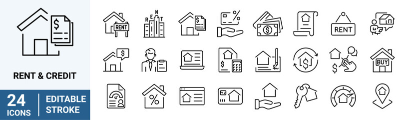 Rent and Credit web line icons. Real estate buying, selling and renting signs set.