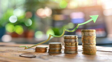 Canvas Print - A Green Arrow Ascending Above Stacked Coins