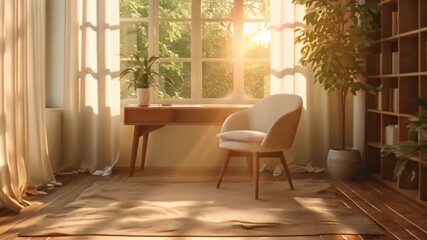 Poster - A well-lit study with garden view, clean desk, cozy chair, and bookshelf filled with books, complete with rug and hardwood floors