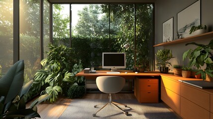 home office settings , Nature-Inspired Office: A desk positioned near a large window with a view of greenery outside. The natural light streaming in, combined with indoor plants, creates a refreshing 