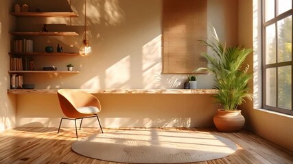 Poster - A minimalist study space with a clean desk and a chair, situated near a large window allowing natural light to flood the room.
