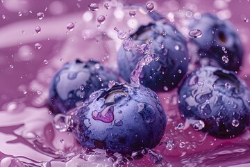 Poster - Refreshing Blueberries Splashing in Vibrant Pink Water