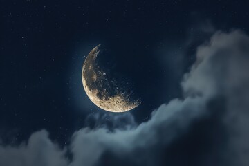 Sticker - A crescent moon surrounded by clouds in a starry night sky.