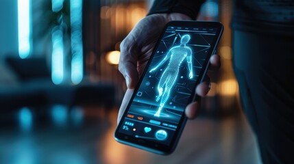 Poster - A person is holding a cell phone that is displaying a 3D image of a human body. The image is in blue and he is a medical or scientific illustration. Scene is informative and educational