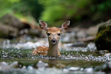 A baby deer is swimming in a river. The water is clear and calm. The deer is looking up at the camera