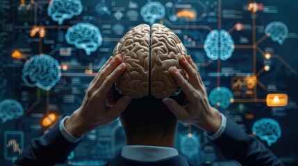 Aufkleber - A man is holding his head in front of a computer screen with a lot of brain images. Concept of the importance of the brain and its functions. Scene is serious and contemplative