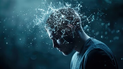 Poster - A man with a blank expression is staring at the camera. The image is a representation of the human brain, with the man's face being the center of the image