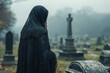 © Natalia - Minimalist image of a widow dressed in a black lace veil, standing alone in a serene, foggy cemetery,