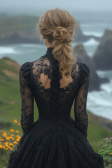 Wall Mural - Elegant depiction of a widow looking out over the ocean, her black dress contrasting with the bright horizon,