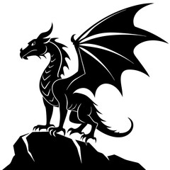 Wall Mural - Dragon perched atop a rocky cliff, its wings unfurled vector silhouette