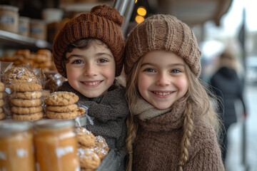 Clean scene of kids selling cookies and drinks at a charity fair, with cheerful decorations and smiling faces,