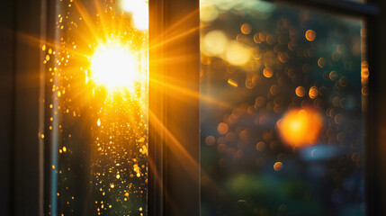 Closeup view through a glass window from the interior of a house or home, indoor look to outside at the warm sun with radiant rays, sunlight in vibrant yellow hues sunny weather outside bright weather