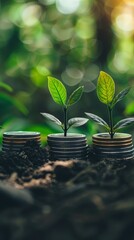 Wall Mural - Two Small Plants Growing Out of Stacks of Coins in Soil