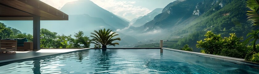 Poster - Tranquil Panoramic Mountain View Pool in a Lush Tropical Landscape with Serene Ambiance and Copy Space