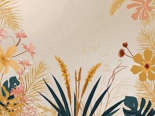 Wall Mural - Minimal summer wallpaper with botanical line art, tropical flowers, sun, and golden brush details