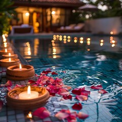 Canvas Print - Romantic Evening Pool Setup with Floating Candles and Petals  Serene and Elegant Ambiance for Relaxation and Tranquility