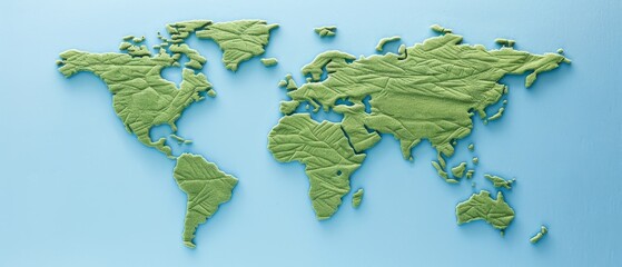 Poster - crumplpaper world map - green on blue background - global connection and communication concept