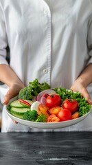 Sticker - closeup of chef holding a plate of fresh and colorful salad with tomatoes, cucumber, broccoli, ronion and lettuce on a dark wooden countertop.