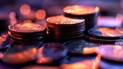 Wall Mural - Close-up of Stacks of Coins with Blurred Lights in the Backgroun