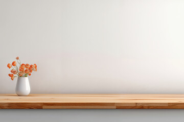 Poster - Orange flower bouquet in white vase on empty wooden shelf with white wall background