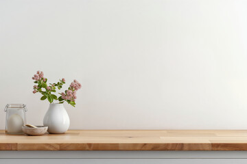 Poster - Flowers pot on a wooden desk with white wall background for product display