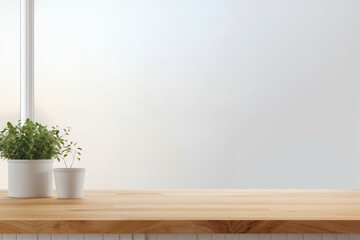 Poster - Empty wooden tabletop with small potted plants in front of window with frosted glass, perfect for product placement