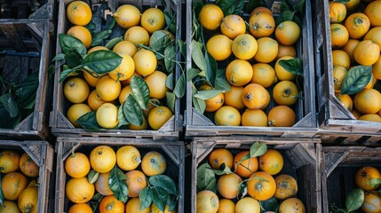 Wall Mural - Lemon storage. Set of raw lemons in boxes. Top view.