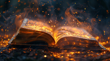 Mystical open book of fairy tales with sparkling and golden light