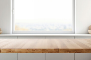 Aufkleber - empty wooden tabletop in front of blurred kitchen window background for product placement