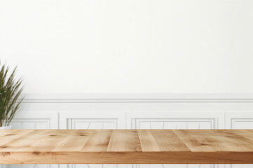 Poster - Empty wooden tabletop on blurred white wall and potted plant background
