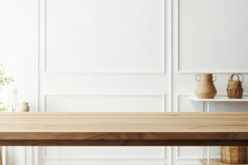 Poster - Empty wooden table top with blurred background of minimalist white room, perfect for product display