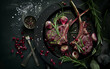 © HumanArtPixels - Lamb meat ribs. Fresh lamb mutton ribs with herbs. Butchery, meat shop, farm, recipe book. Kitchen, cooking, food, restaurant menu. From above, top view