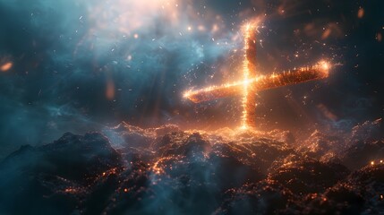 Poster - Ethereal Cross of Cosmic Light Beams Floating in Futuristic Space