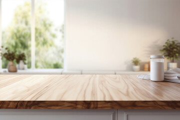 Aufkleber - Empty wooden countertop with a white jar and a white towel, perfect for showcasing your product or design