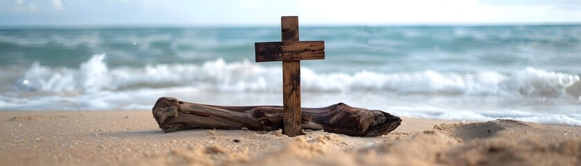 Poster - Serene Driftwood Cross Overlooking Tranquil Ocean Waves on Sandy Beach