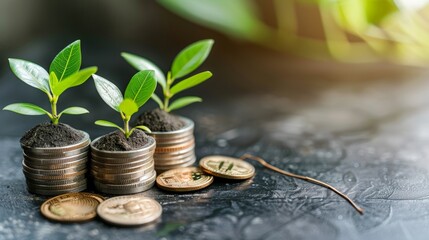 Wall Mural - Three Seedlings Growing on Stacks of Coins