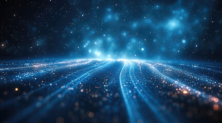 Poster - Dark background technology, the bottom of the screen to feed the scientific and technological ring base, upward emission of countless gradient beam lines, accurate perspective. Generative AI.