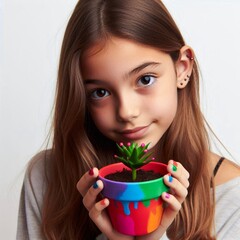 
Young woman teenage girl holding plant with crude homemade diy painted pot, save environment concept
