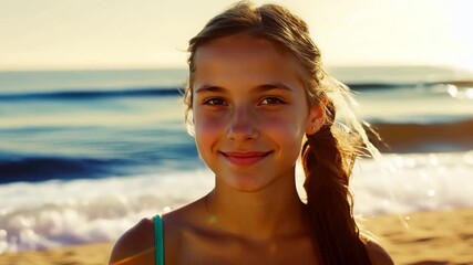 portrait of a pretty smiling teenage girl on a lonely sunny beach.