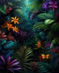 Aufkleber - A colorful jungle scene with many different types of flowers and plants. Scene is vibrant and lively, with a sense of wonder and exploration. The idea behind the image is to showcase the beauty