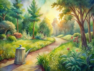 Serene garden scene featuring a winding path illuminated by warm sunlight, adorned with a rustic watering can, amidst lush green grass and vibrant foliage.