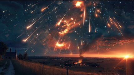 Poster - An integrated combination of meteors streaking across the sky with several massive meteor strikes devastating the countryside. Generative AI.
