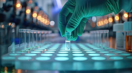 Poster - A hands wearing green gloves holding one test tube in front of white and black empty many grid plastic plate with round holes on top, the laboratory equipment is illuminated by blue light.