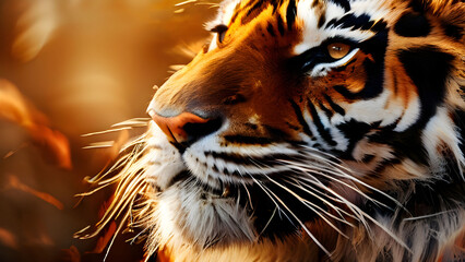 Close-up image of a cautious tiger face with a sunset ambience