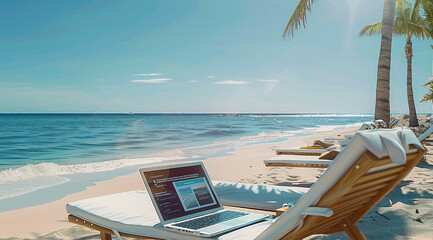 Poster - A sunny beach with several lounge chairs arranged neatly on the sand. On one of the lounge chairs in the foreground, there is a laptop prominently displayed. Generative AI.