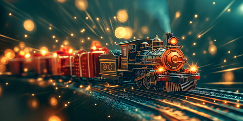 Vintage steam locomotive train with glowing lights and sparks in motion at night, magical holiday transportation concept for Christmas and winter wonderland themes