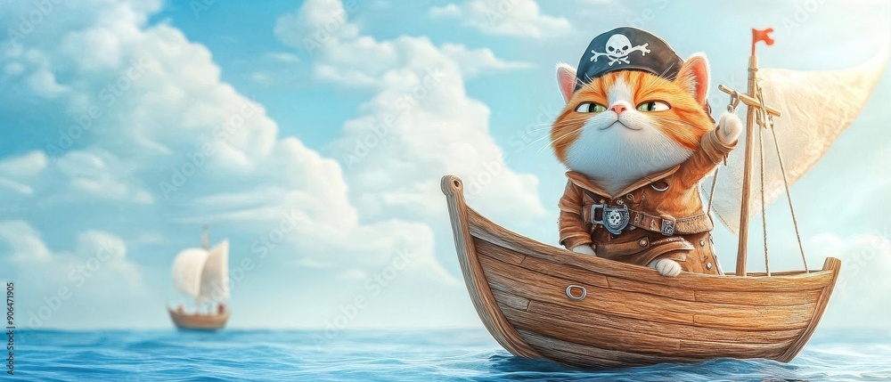 Playful cartoon cat in pirate outfit sailing a tiny ship on the high ...