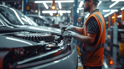 Poster - An engineer picked up a car radiator and checking in a delicate workshop. Generative AI.