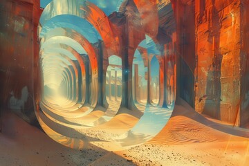 Desert mirage in a surreal setting, fantastical illusions and shimmering effects, otherworldly atmosphere, vivid and intricate details